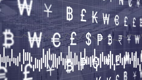 animation of currency symbols and digital data processing over computer servers