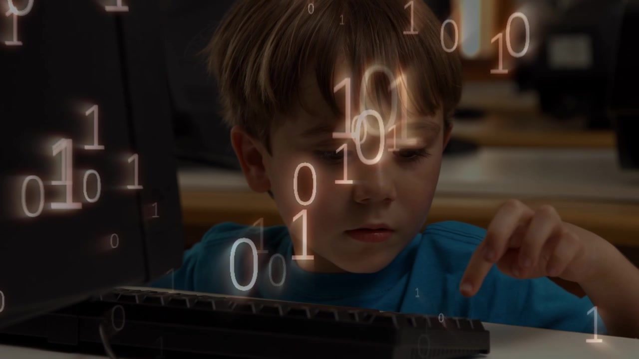 Animation of red shapes moving over caucasian woman using laptop
