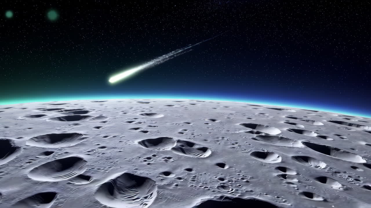 Meteoroid streaks across a cratered lunar landscape