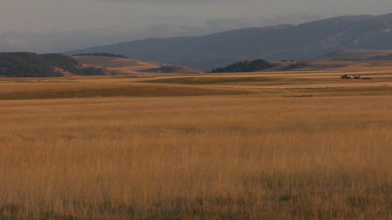 un tractor en la distancia se mueve a través de una gran llanura cubierta de hierba