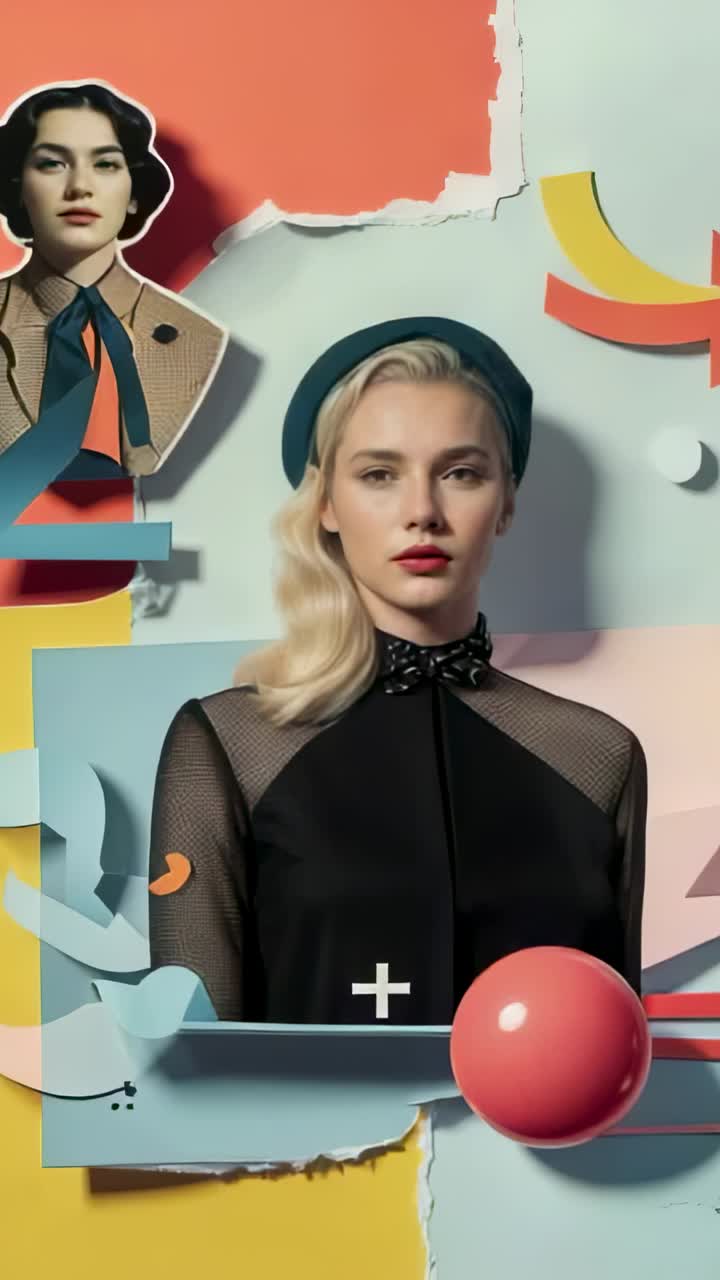 Vertical video: Recording capturing model standing in studio, wearing teal beret and mesh sleeves