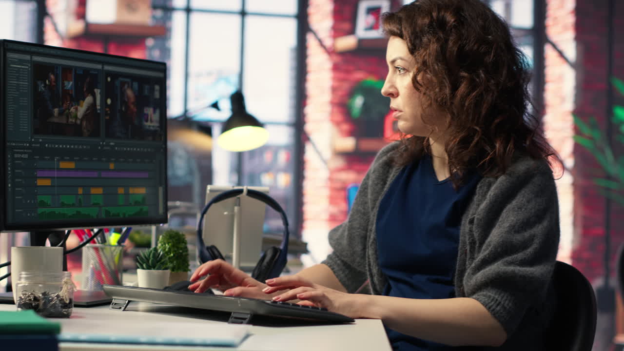 Woman video creator working on editing a movie montage project