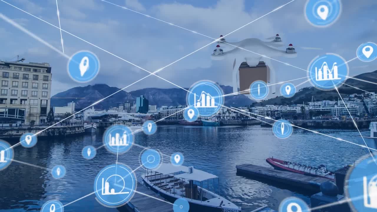 패키지를 운반하는 드론을 통해 아이콘으로 연결된 네트워크의 애니메이션