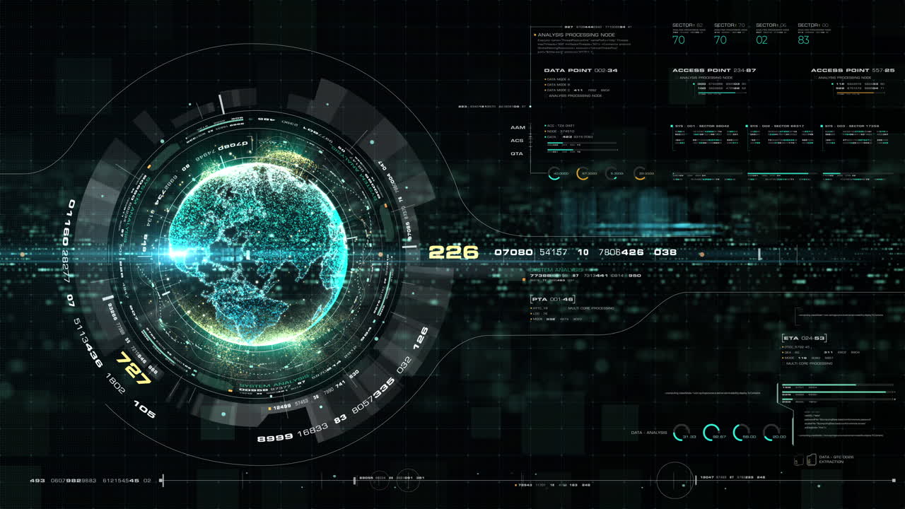 Futuristic global communication via broadband internet connections between cities around the world with matrix particles continent map for head up display background
