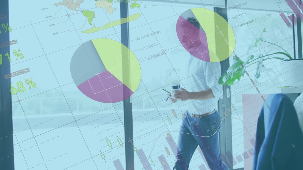 animación de procesamiento de datos estadísticos contra un hombre caucásico con una taza de café caminando en la oficina