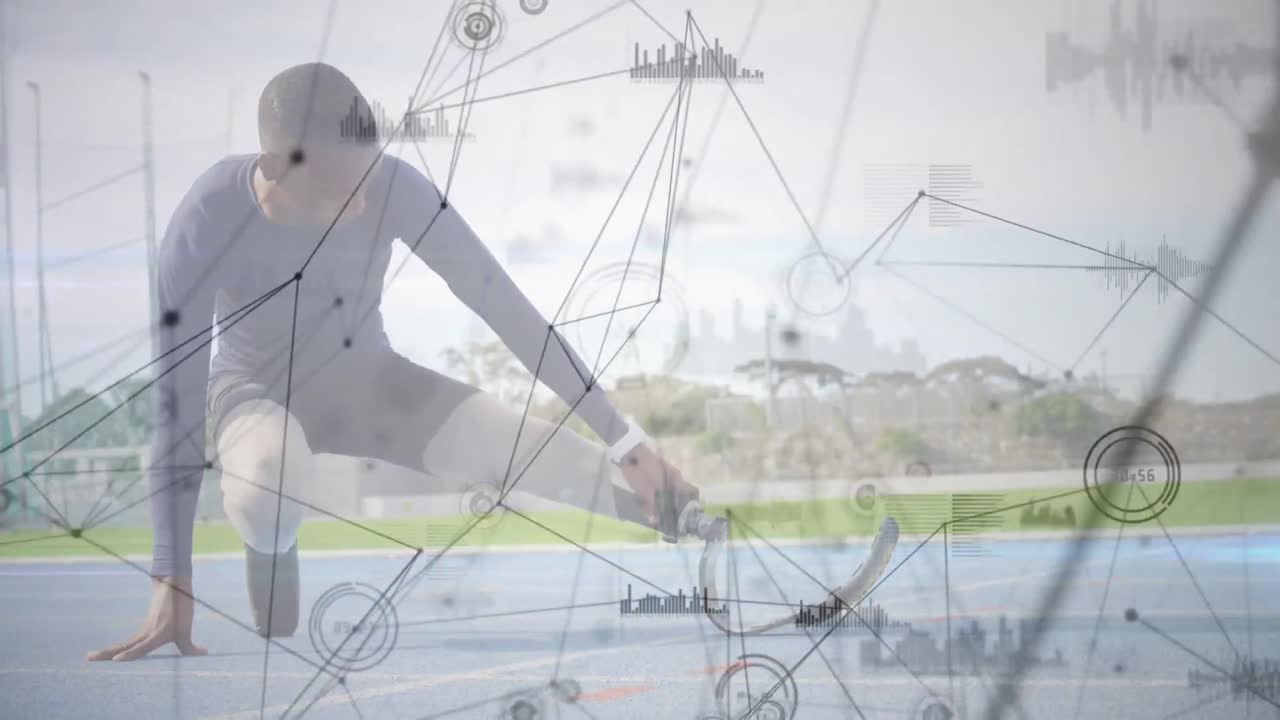 сетевые соединения и спортсмен-инвалид с протезами ног, растягивающиеся