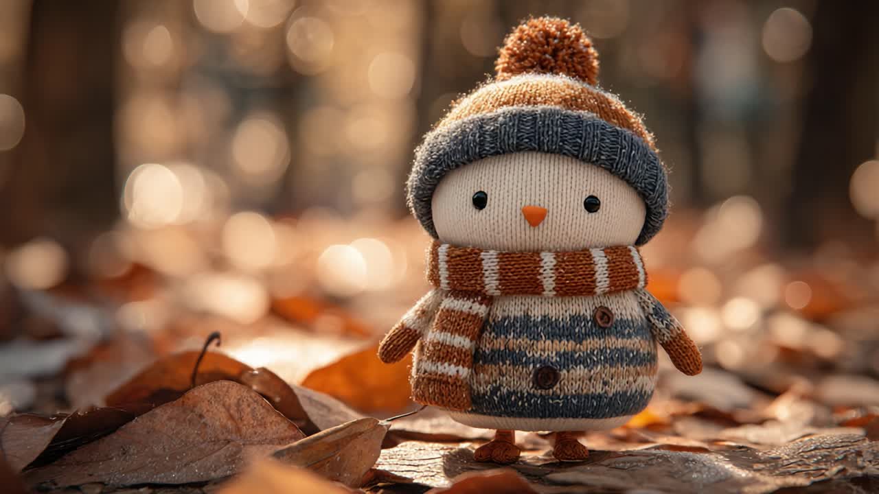 A Charming Winter Character in a Cozy Hat and Scarf Surrounded by Autumn Leaves Captures the Essence of Seasonal Delight and Playfulness
