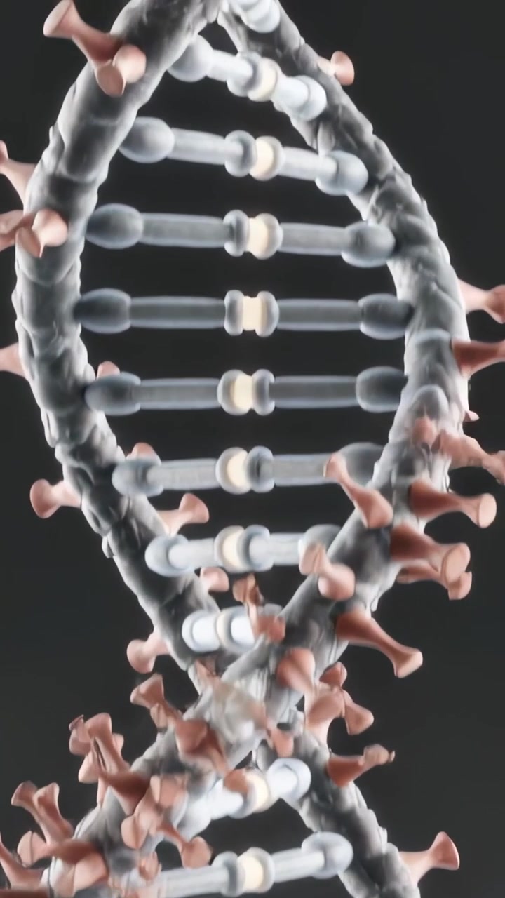 Vertical video: Drawing pink spikes, DNA helix forming cluster near crossover in studio, with rungs