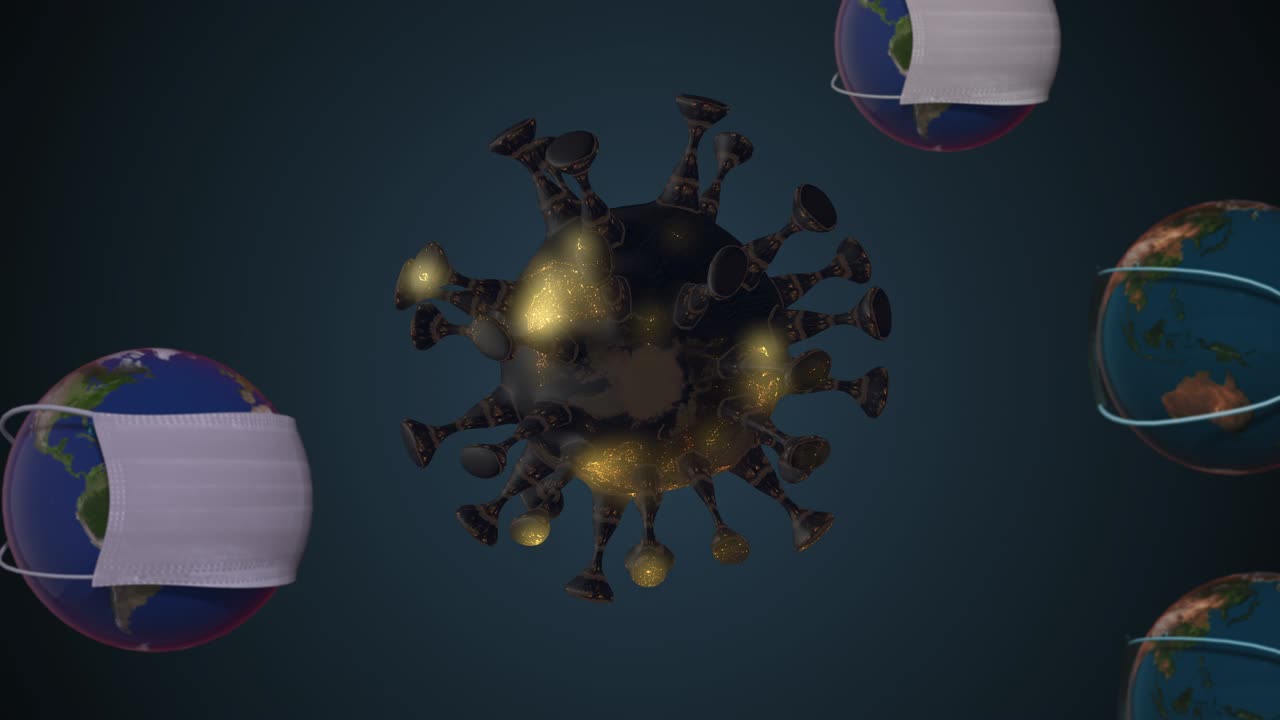 virus flotando con planetas en máscara médica sobre un fondo azul oscuro.