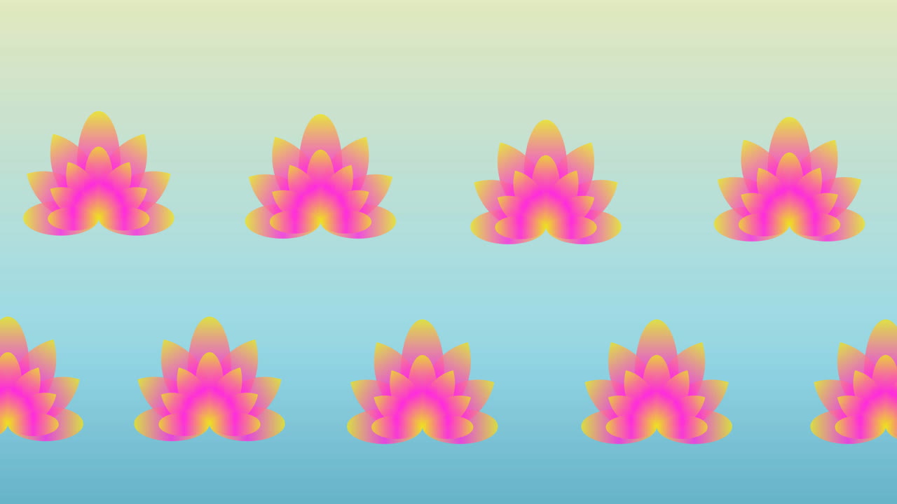 Composition of rows of lotus flowers moving on blue background