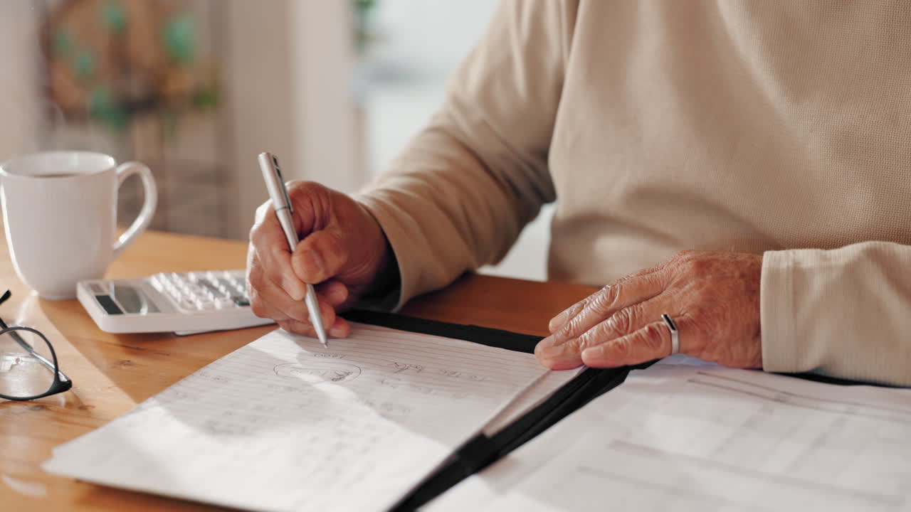 un hombre se sienta en una mesa, escribiendo en un pedazo de papel con una pluma y una calculadora. lleva gafas y tiene una taza de café en la mesa a su lado.