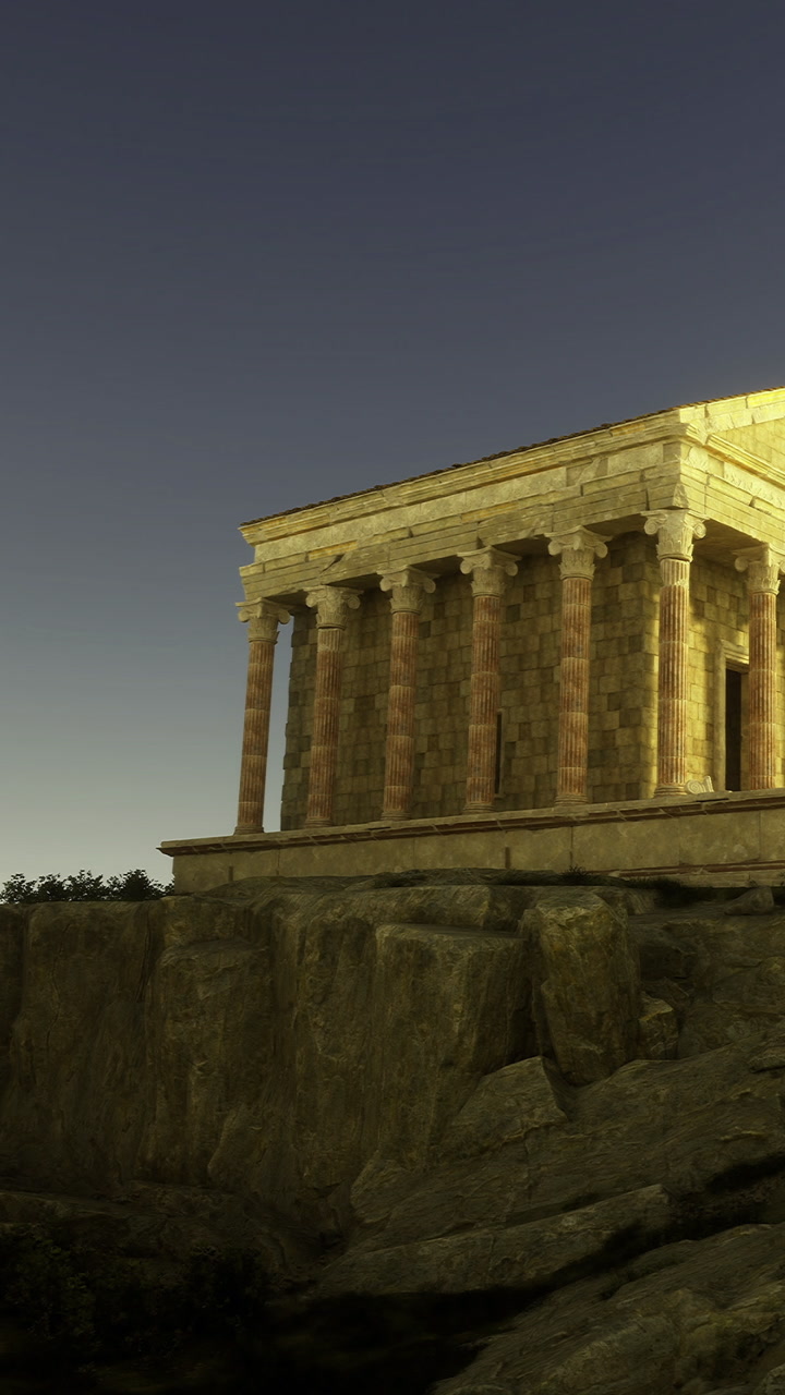 Majestic ancient temple illuminated at twilight atop rocky terrain