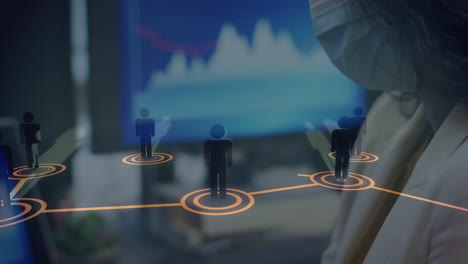 animation of media icons over biracial businesswoman with face mask
