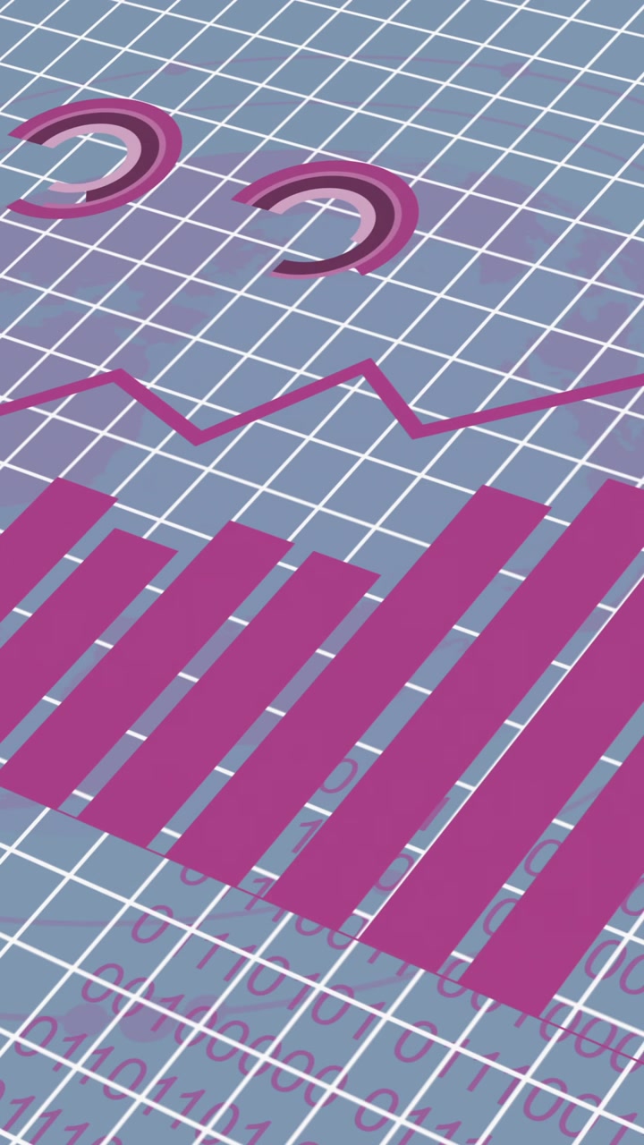 Animazione di interfaccia infografica rosa che si muove su sfondo a griglia.