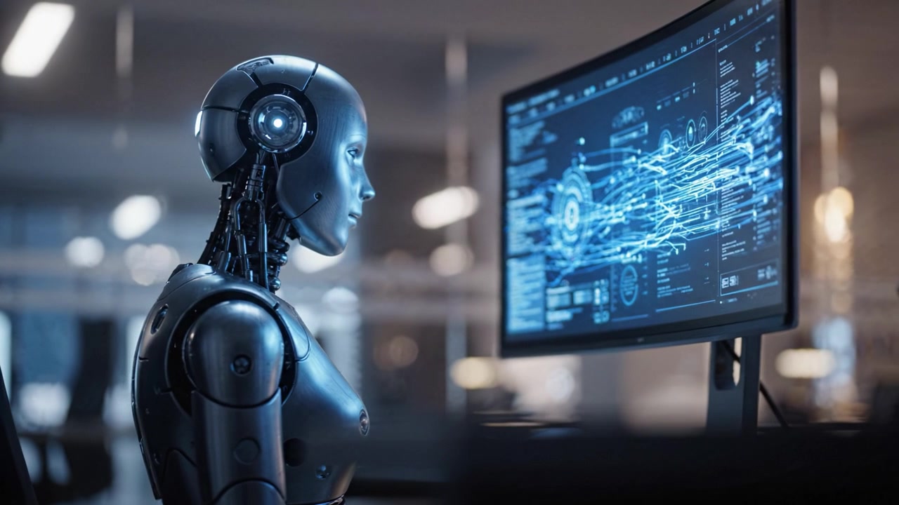 Advanced Artificial Intelligence: A Sleek Robotic Figure Analyzing Complex Data on a Sophisticated Digital Interface in a Modern Tech Environment