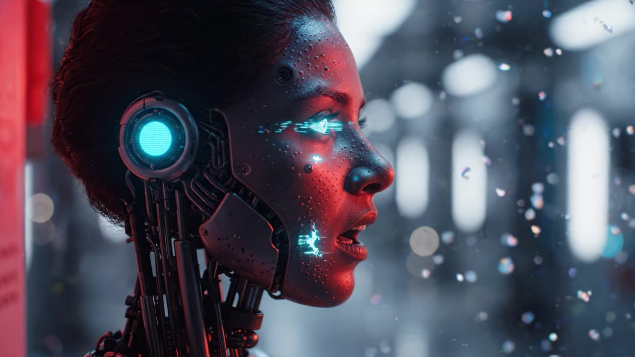 Bellezza Cibernetica Futuristica: Uno sguardo ravvicinato a un ibrido umano robotico con caratteristiche luminose, ambientato su uno sfondo high-tech e suggestivo