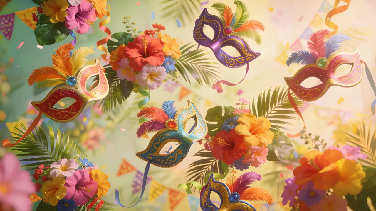 Máscaras ornamentadas flotando con plumas e hibiscos, desplazándose hacia la izquierda a medida que los cuadros avanzan en una escena tropical.