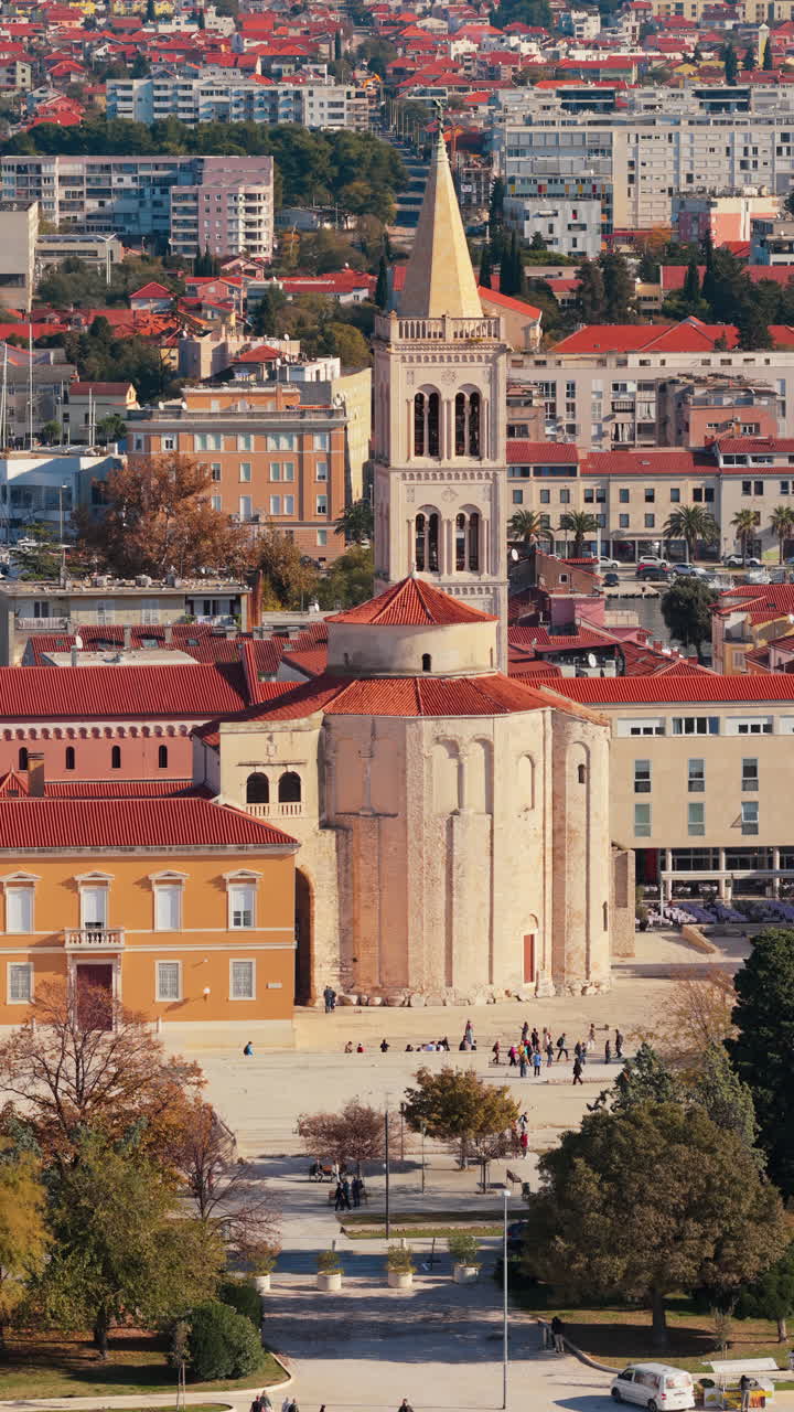Aerial drone view of the tall bell tower of St. Anastasia Cathedral rising above Zadar's red roofed historic center. Vertical