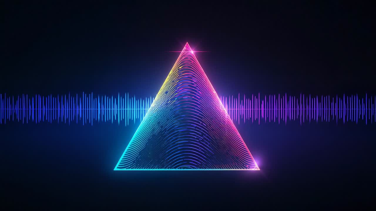 Pulsing neon gradient wireframe triangle glowing in void, syncing horizontal audio waveform pulses