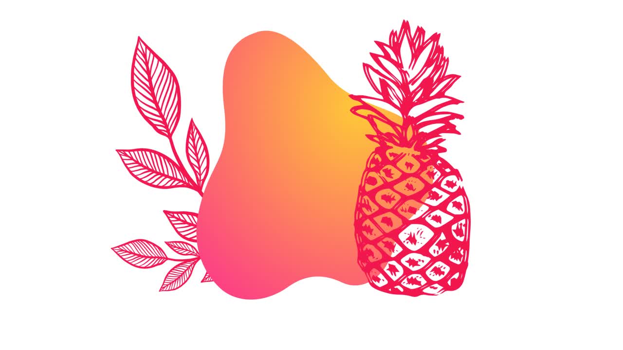 ⁇ 색 배경에 분홍색에서 오렌지색 모양의 분홍색 잎과 파인애플의 애니메이션