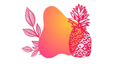 animación de hojas rosadas y piña con forma rosada a naranja sobre fondo blanco
