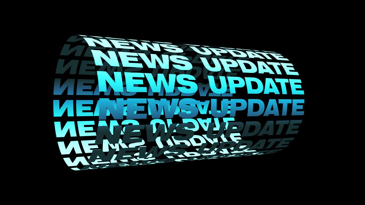 actualización de noticias texto azul tubo de palabras animación giratoria bucle sin costuras aislado en fondo negro con canal alfa. 4k 3d renderización de texto cilindro bucle cinético.