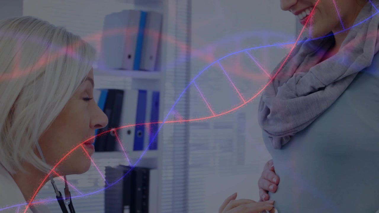 Medico che posiziona lo stetoscopio, ascoltando il battito cardiaco fetale durante un esame prenatale, con un'elica del DNA in movimento.