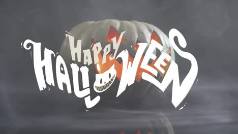 animation of happy halloween text with cat over pumpkin