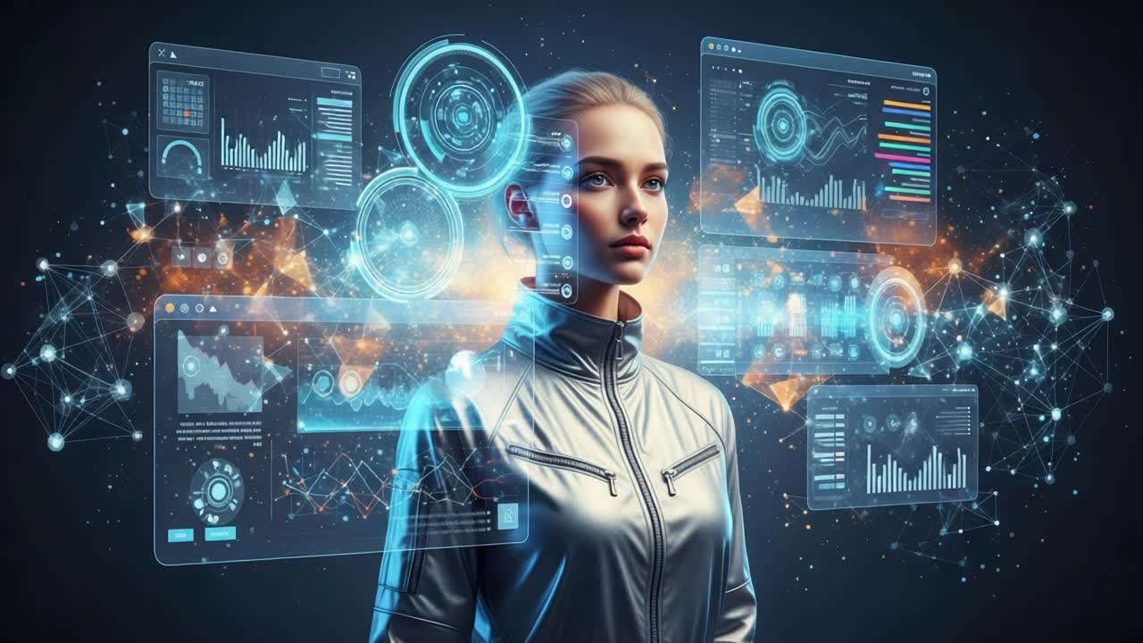 A futuristic exploration of human interaction with advanced technology showcases a woman surrounded by dynamic data visualizations and digital interfaces, illustrating innovation and intelligence
