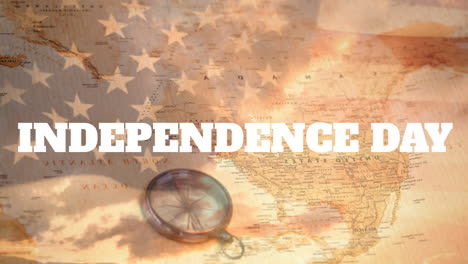 animation of independence day text and flag of american over navigational compass and map