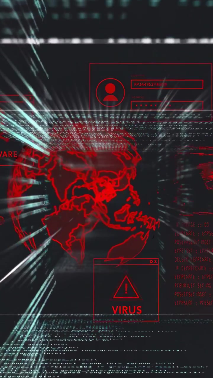 Vertikal video: Virusadvarsel dukker op, rød trådramme-globus drejer, kode stiger og viser cybertrussel