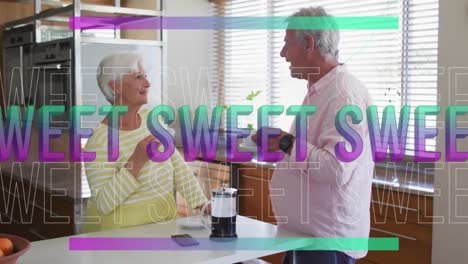 Animation-of-sweet-text-in-purple-over-happy-caucasian-senior-couple-talking-with-coffee-in-kitchen