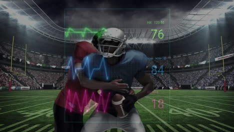 two players tackling at 40-yard line, showing sports analytics, biometric metrics, waveform graphs