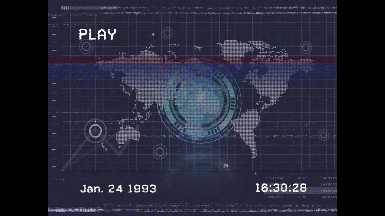Digital interface showing world map and data graphs on screen in animation