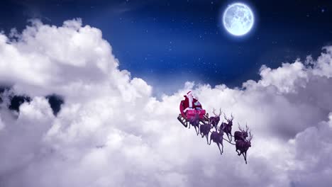 animación de navidad santa claus en trineo con renos sobre nubes y luna llena.