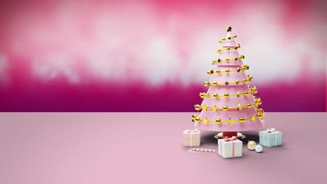 Árbol-De-Navidad-Rosa-Y-Regalos-Sobre-Fondo-Rosa-Con-Nubes-Blancas,-Espacio-Para-Copiar