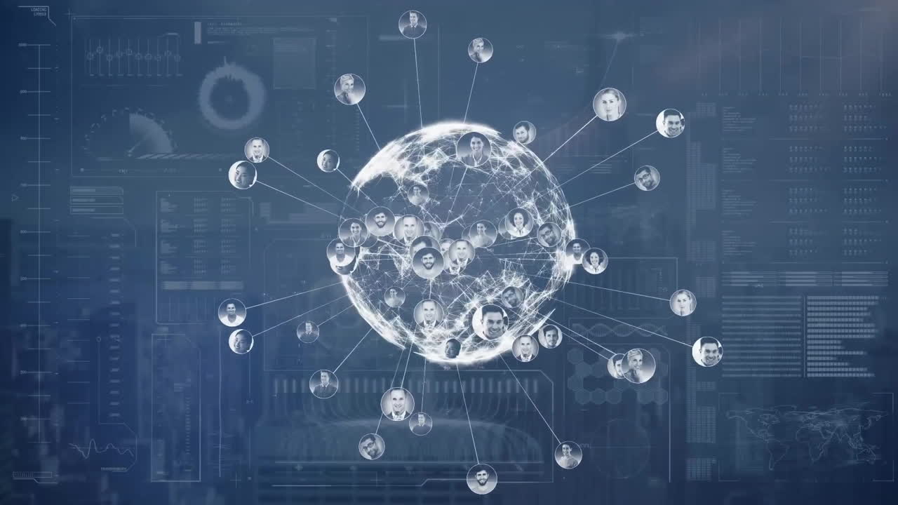 전 세계에 있는 아이콘과 연결된 네트워크의 애니메이션