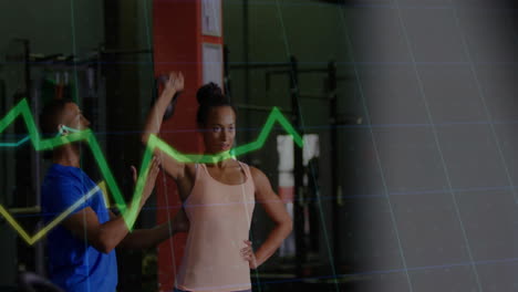 exercising in gym, people with fitness progress graph animation in background