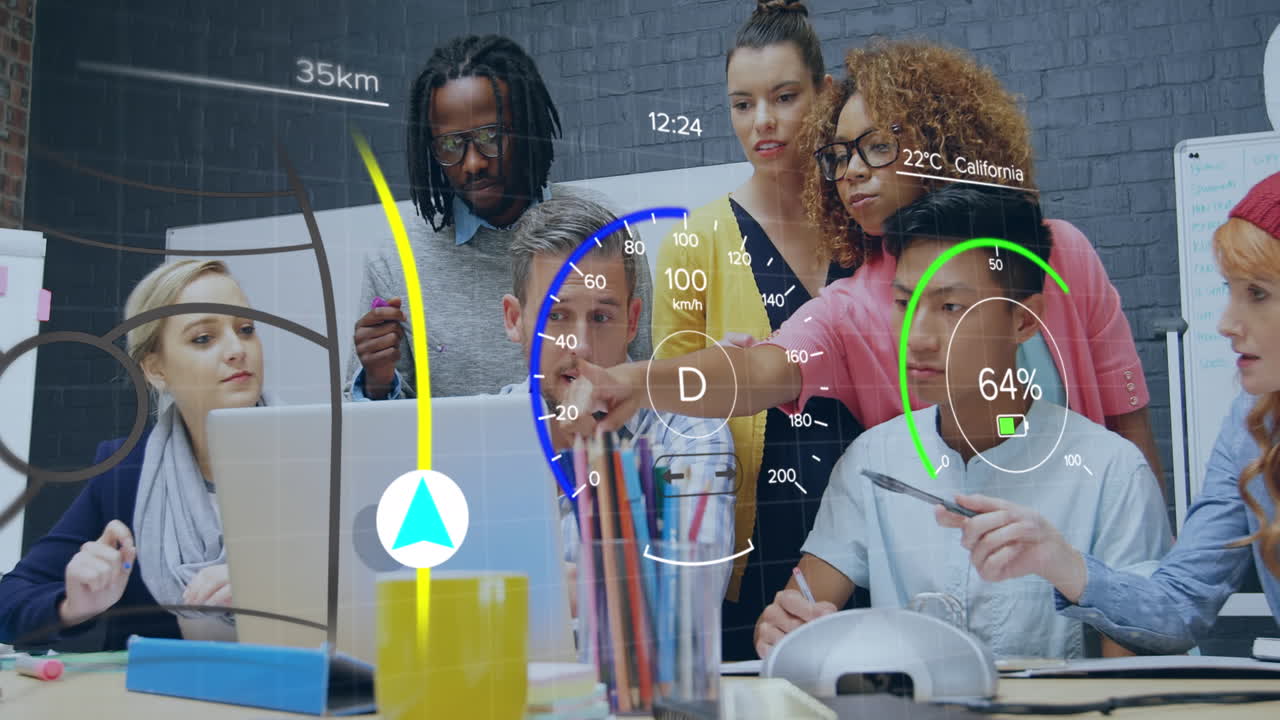Animation of data processing over business people working in office