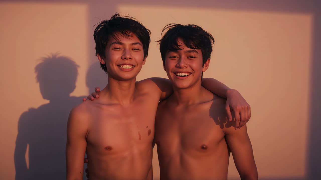 Due uomini asiatici sorridenti a torso nudo che posano per la fotocamera, ambientazione casalinga, griglia di ombre e silhouette