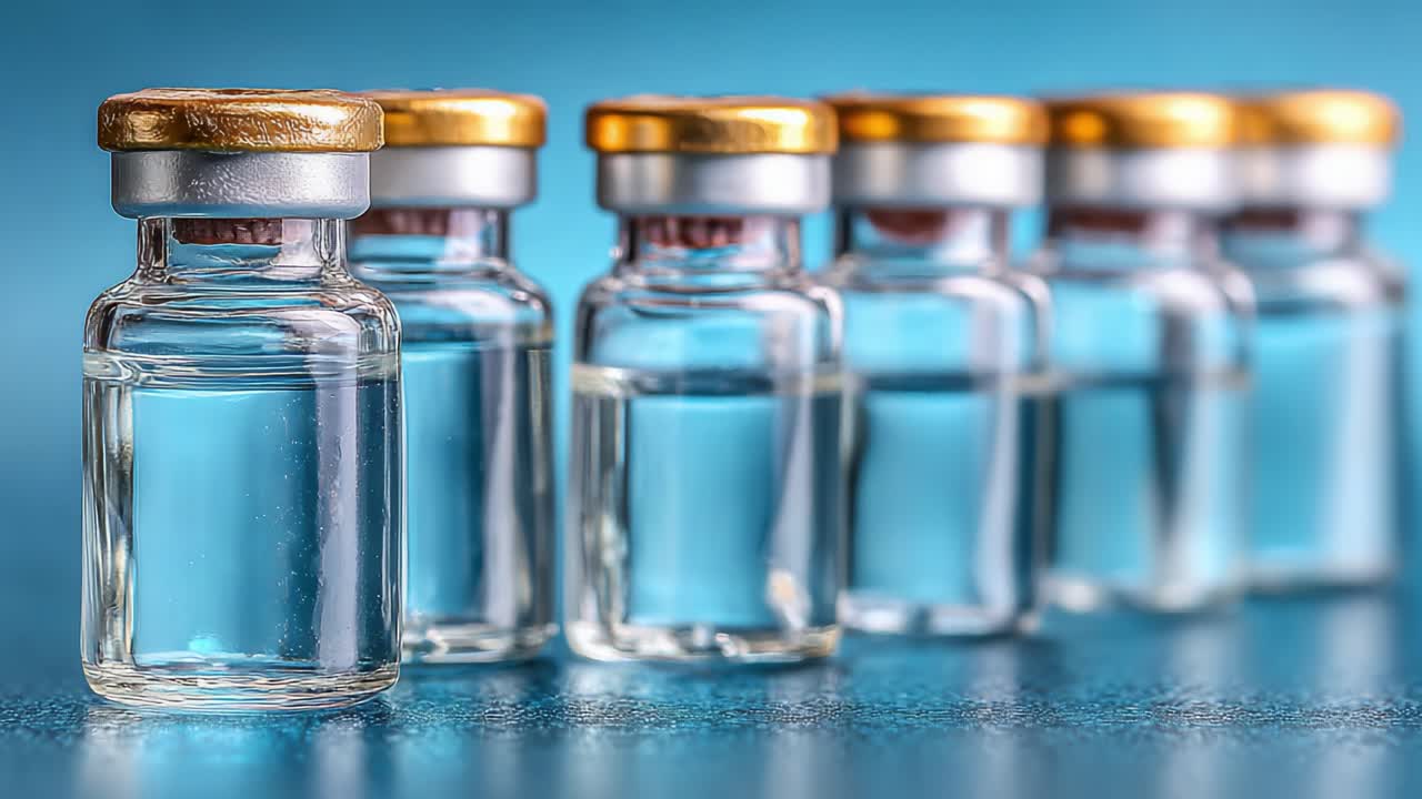 Primer plano de botellas de filtración: Capturando los detalles de viales de vidrio llenos de líquido transparente sobre un fondo azul suave.