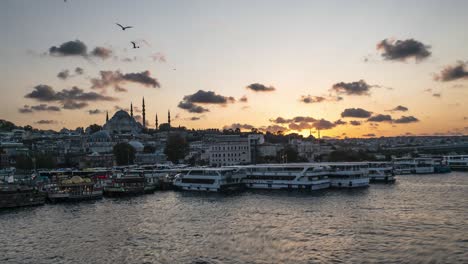 istanbul bosphorus riverside with boats and mosque silhouette beautiful sunset time lapse