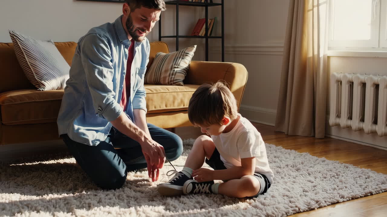 Father and Son Tying Shoes at Home