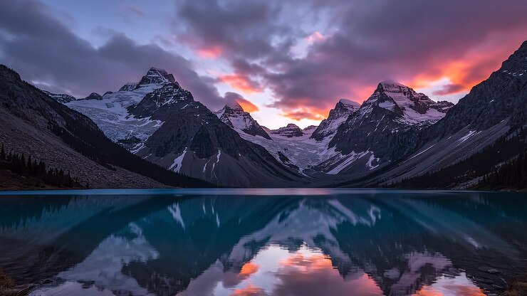 Maestose montagne innevate che si riflettono in un lago calmo al tramonto