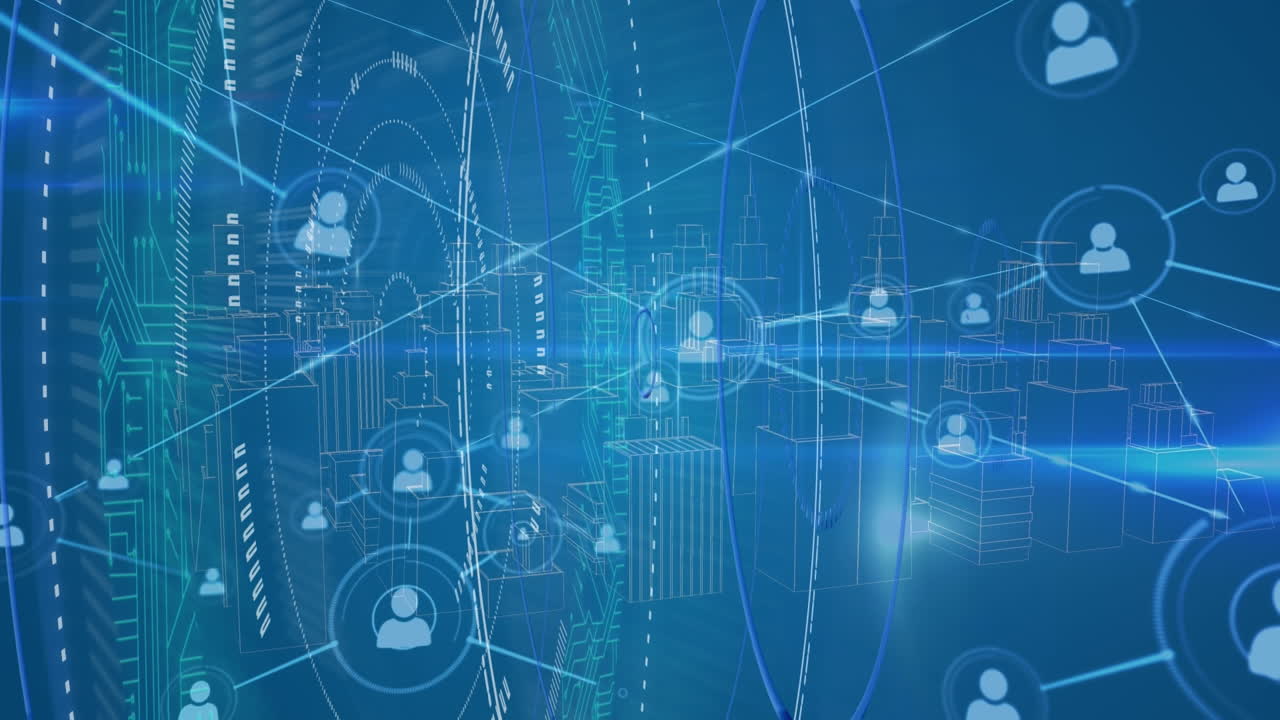 animación del procesamiento de datos sobre la ciudad digital sobre fondo azul