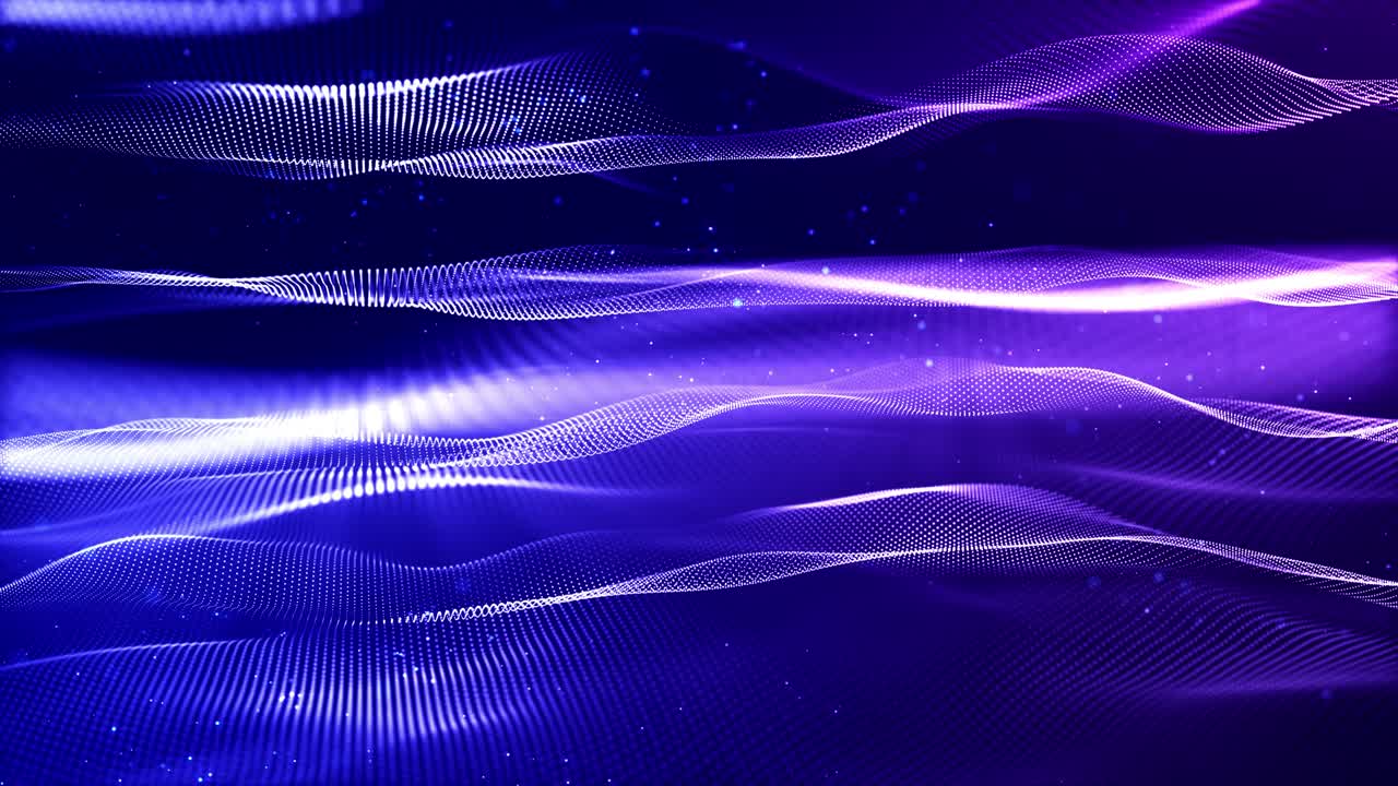 4k looped sci-fi particle background of microworld or space with bokeh and light effects. Glow blue particles form lines, surfaces, complex string structures in smooth motion.