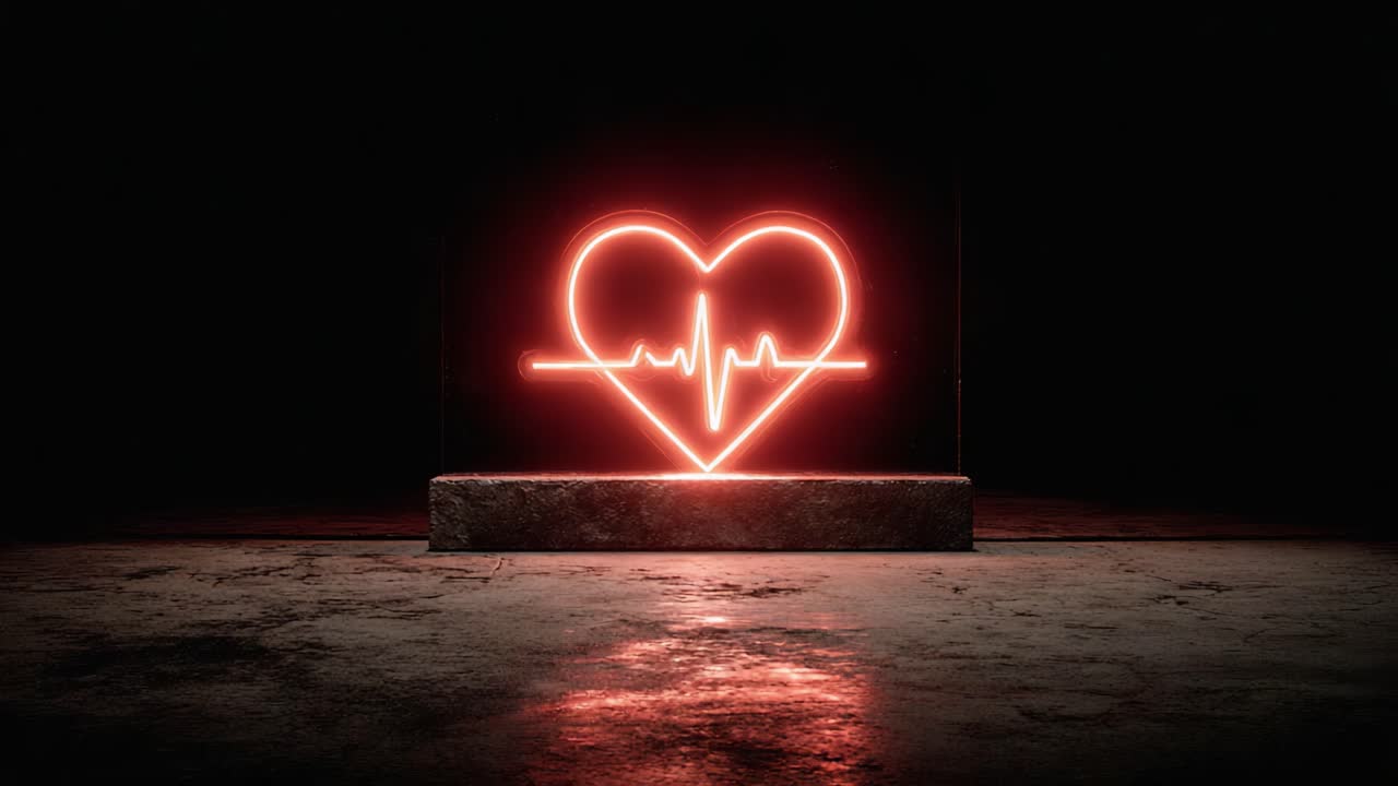 A Vibrant Neon Heartbeat Design Evoking Love and Emotion in a Daring Dark Space with Illuminated Heart Shape and Pulse Line Representation