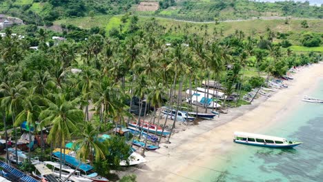 barcos de pesca abandonados en un campo de cocoteros de una isla tropical en lombok, indonesia, antena