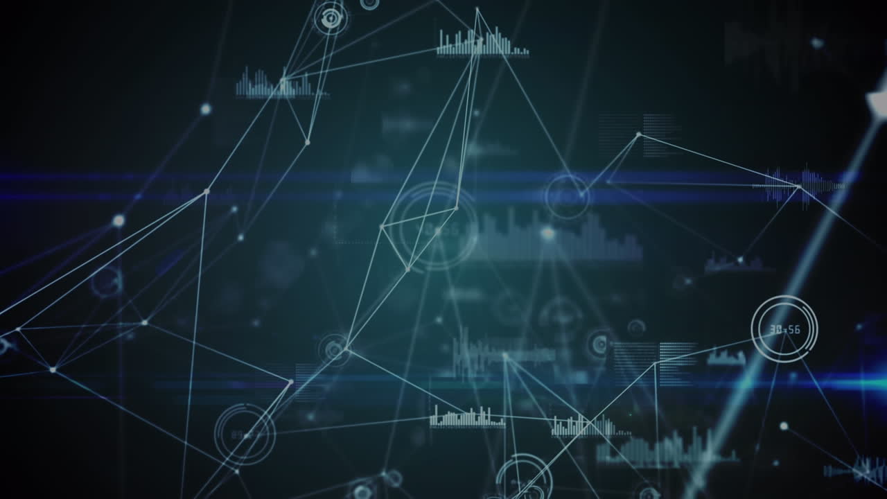 Animation of connected dots with lines over graph and soundwave icons against abstract background