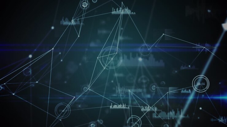 Animation of connected dots with lines over graph and soundwave icons against abstract background